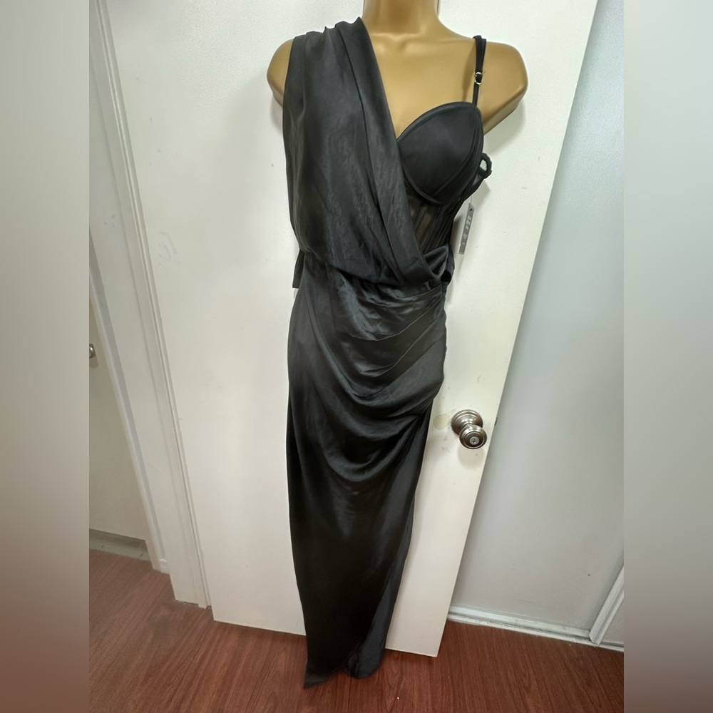 JLUXLABLE Black Anastacia‎ Satin Corset Drapy OneShoulder Front Slit Dress NWT S - Picture 5 of 16